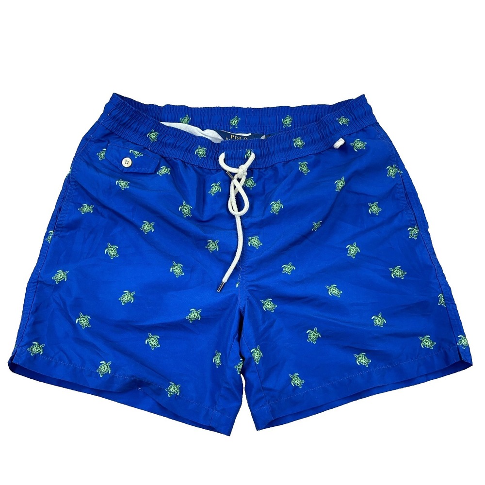 Polo Ralph Lauren Swim Trunks Men Medium Blue Turtle Print Board Shorts 33"